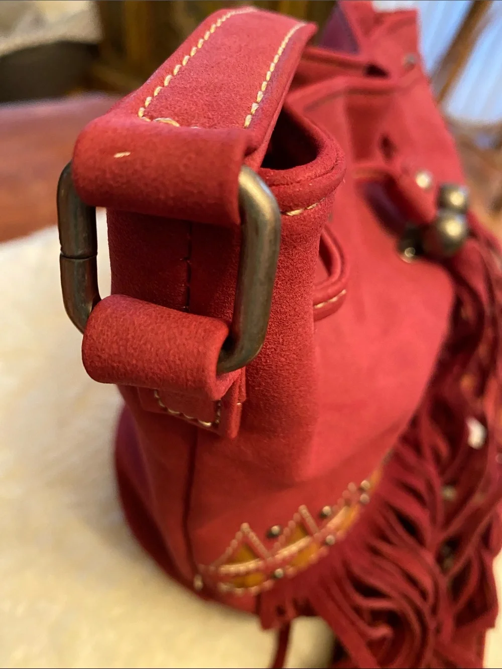 Bohemian Fringe Montana West Crossbody Bucket Bag - Red